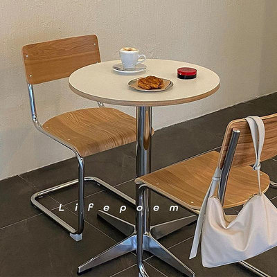 餐桌 圓桌 咖啡桌 不鏽鋼中古風小戶型家用圓型洽談桌質感純色辦公桌茶几陽台客廳
