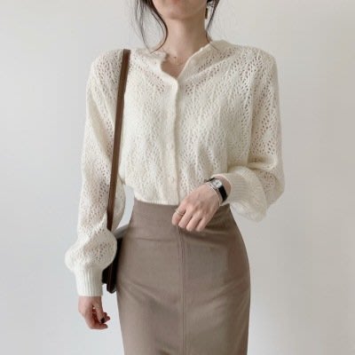 【Nina SHOP】韓國時尚 淑女風鏤空針織羊毛開衫上衣(3色)