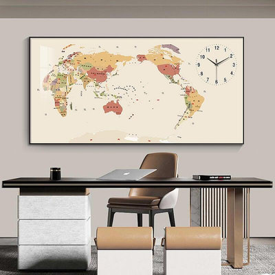 世界地圖鐘表掛鐘客廳家用書房辦公室沙發背景地圖畫靜音時鐘