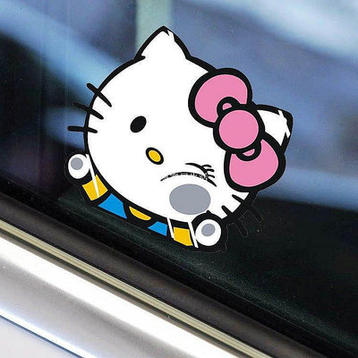 賓士寶馬奧迪福斯汽車通用貼紙 HELLO KITTY汽車貼紙 KT貓爬窗撞玻璃搞怪可愛車貼 mini車窗貼【物鳴家居生活】