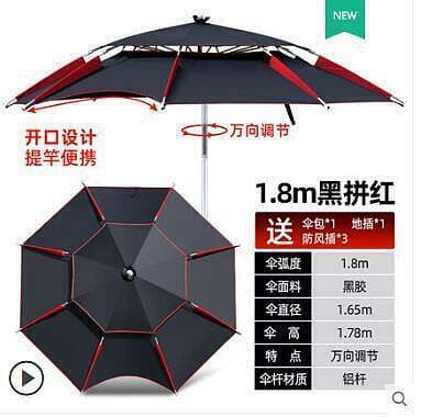 【現貨黑紅色2M】釣魚傘大釣傘萬向加厚防曬防風防暴雨戶外雙層折疊遮陽雨傘垂釣傘
