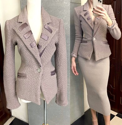ARMANI真品 灰紫色厚羊毛針織拼接真絲緞面合身西裝外套S