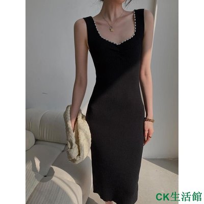 CK生活館RB赫本風 洋裝 長洋裝 連身裙 黑色針織洋裝女2023夏季新款緊身顯瘦無袖開叉吊帶裙子