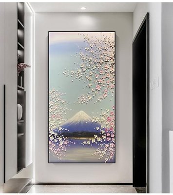 手工油畫富士山櫻花手繪風景輕奢簡約現代油畫客廳沙發玄關裝飾畫日式掛畫