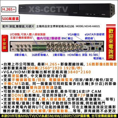 【XS-CCTV】昇銳500萬畫素 16路 監視器主機(含4TB硬碟) DVR O監控主機 O監視器材 O監視系統