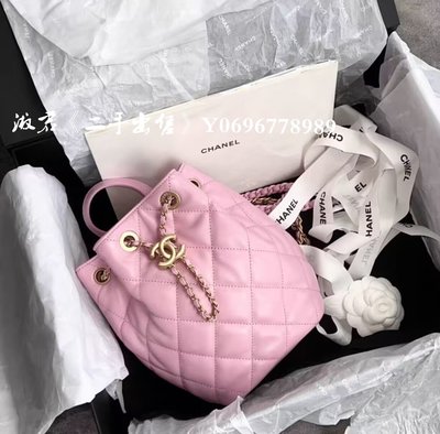 二手出售 Chanel 香奈兒 雙色鏈條 logo抽繩 雙肩包 後背包 背包 小號 粉色