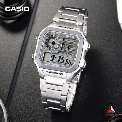 卡西歐銀色不銹鋼錶帶灰色錶殼 AE-1200WHD-7A 男士數字手錶