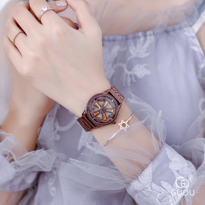 新款手錶女 百搭手錶女GUOU古歐時尚潮流女士手錶 ins小眾旋轉錶盤石英錶氣質鑲鉆鋼帶錶