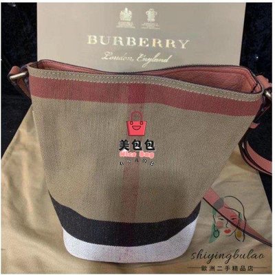 BURBERRY THE ASHBY CANVAS格紋麻布 小號 斜背包 水桶包 流行 精品