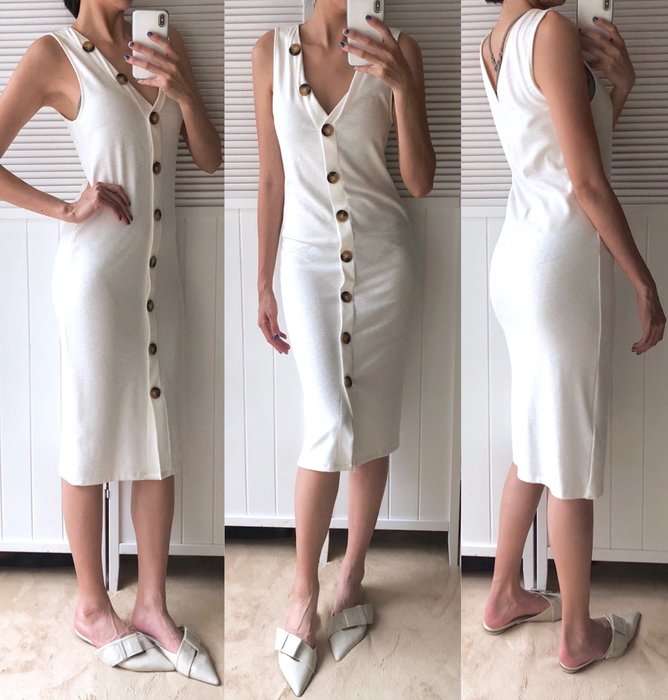 H M 白色厚彈性棉質排扣隨性優雅度假洋裝連身洋裝長洋裝m Zara Yahoo奇摩拍賣