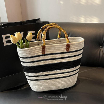 EmmaShop艾購物-韓國同步上新-韓妞必備款-木把編織條紋托特包/大容量/野餐包