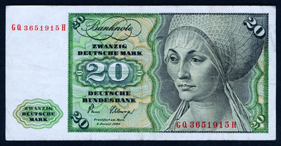 德國 1980年版 20馬克 (畫家丟勒作品 圖爾肖像) 7.5成以上品相！ 紙幣 紀念鈔 紙鈔【悠然居】494