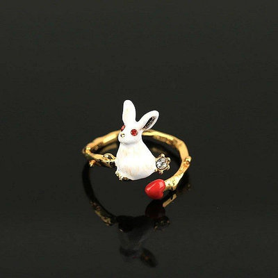 【Koaa海購】Les Nereides 創意輕奢可愛兔子愛心開口戒指琺瑯彩釉小白兔紅心可調