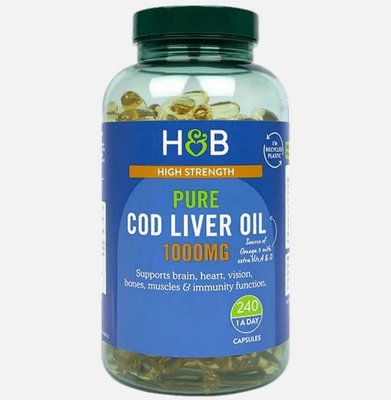 荷柏瑞HB富含DHA鱈魚肝油EPA歐米伽3維生素AD深海魚油高濃度240粒英商COD LIVER OIL