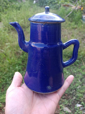清代 祭藍釉執壺 霽霧藍釉 瓷茶壺 器形不錯