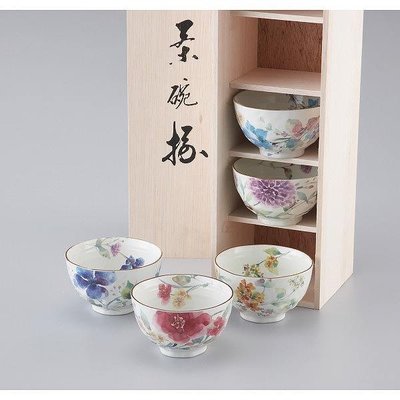 ~* 萊康精品  *~ 日本 和藍 美濃燒 手繪 花水彩飯碗組 5入 附木箱