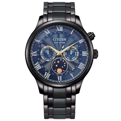 CITIZEN 星辰 GENTS藍寶石光動能黑鋼帶男錶-月相錶(AP1055-87X/AP1055-87L 兩色可選)