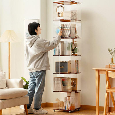 書架旋轉書架落地置物架書柜子家用客廳實木儲物柜簡易移動展示柜