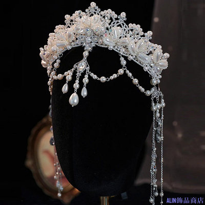 ALIN飾品商店新娘頭飾水晶珍珠婚禮皇冠髮飾奢華新娘公主王冠頭飾頭帶派對頭飾首飾