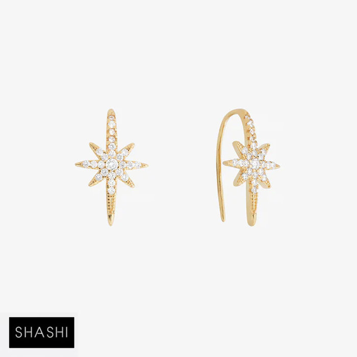SHASHI 紐約品牌 Celeste 鑲鑽北極星C形耳環 金色星星耳環