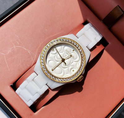 COACH Astor 金色水鑽圈 白色錶盤 白色陶瓷錶帶 石英 女士手錶 14503254