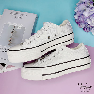【Luxury】Converse低筒厚底蕾絲 緹花布蕾絲 All Star 鬆糕鞋 白色布蕾絲 厚底鞋 白色 女生 代購
