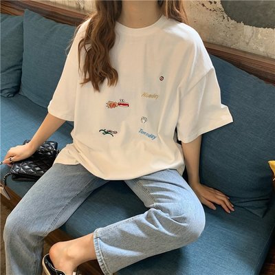 FINDSENSE G6 韓國時尚潮流 2019夏季新款寬鬆百搭刺繡圓領T恤短袖T恤打底衫女裝上衣