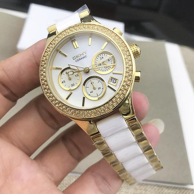 手錶帶 DKNY手錶金色不銹鋼陶瓷三眼計時鑲鉆商務休閑石英錶日歷防水女錶