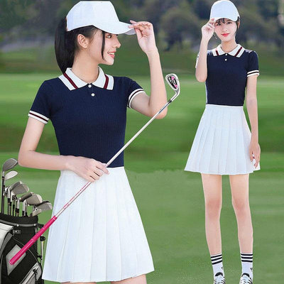 吸汗 排汗 冰爽女高爾夫衣服夏季翻領短袖T恤golf球服女裝運動短裙半身裙套裝網球運動套裝
