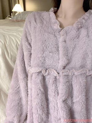 珊瑚絨開衫睡衣女秋冬季加絨法蘭絨簡約風少女感睡裙可外穿家居服