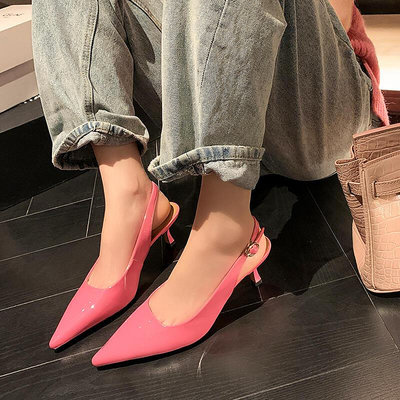 極致優品 女鞋系列Kmeizu仙女粉色涼鞋女夏尖頭細跟中跟真皮一字扣高跟鞋后空單鞋40 NX2072