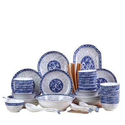 現貨熱銷-88件碗碟套裝盤子魚盤大號面湯碗盤組合家用吃飯碗筷青花瓷餐具