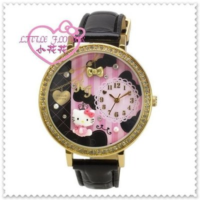 小公主日本精品♥ Hello Kitty 手錶手表 邊框水鑽圓形時尚手錶/皮製手錶金色側姿22002501