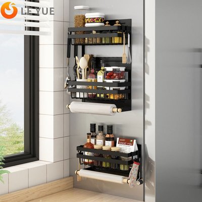 廚房黑色多用途雙層免打孔磁吸保鮮膜冰箱微波爐側壁收納置物架