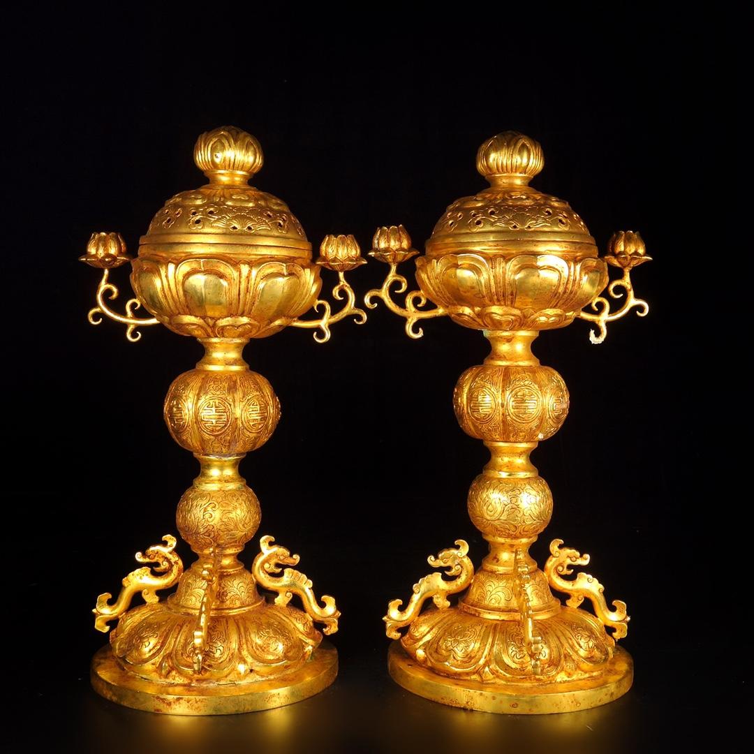 珍藏銅鎏金唐代鎮宅辟邪蓮花香爐，做工精細，重量4298克，高度36cm 
