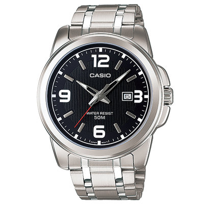 【金台鐘錶】CASIO 卡西歐 日期顯示 不鏽鋼錶帶 50M防水 (黑x銀) MTP-1314D-1A