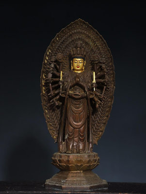 居家供奉宗教佛像   銅鎏金描彩 【千手觀音】 佛像造像尺寸高38厘米 寬17厘米 厚14厘米   重3.1斤19450