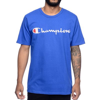 美國百分百【Champion】冠軍 T恤 短袖 T-shirt 電繡 草寫 logo 素T 高磅數 潮牌 寶藍 H152