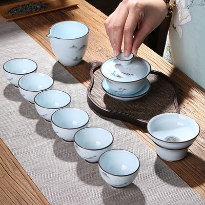 【熱賣精選】凌勝 功夫茶具套裝家用青瓷簡約茶杯陶瓷泡茶器蓋碗套裝喝茶禮品