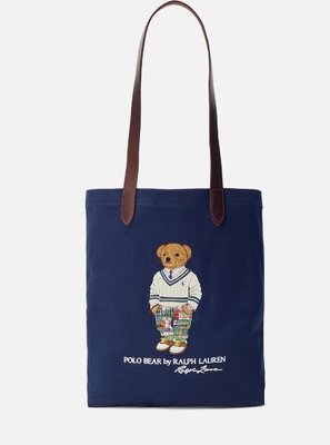代購Polo Ralph Lauren Cotton經典熊刺繡logo藍色書袋托特包