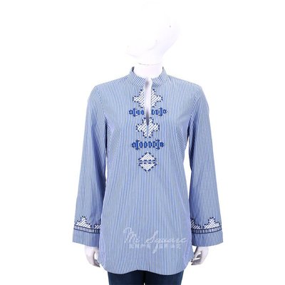 現貨熱銷-TORY BURCH Embellished 刺繡圖騰藍白條紋襯衫 1820520-77