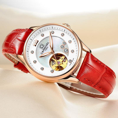 CARNIVAL0682品牌正品防水機械錶時尚女表全自動運動手錶皮革錶帶休閒女生手錶禮物貝母錶盤