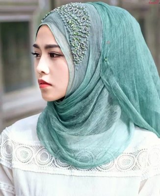 新款穆斯林muslim hijab 伊斯蘭 回族紗巾蕾絲真絲 桑蠶絲套頭巾方便長巾時尚品牌圍巾   現貨