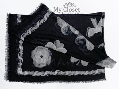 My Closet 二手名牌 CHANEL 黑灰色系 山茶花 雙C logo 印花圖案 Cashmere圍巾