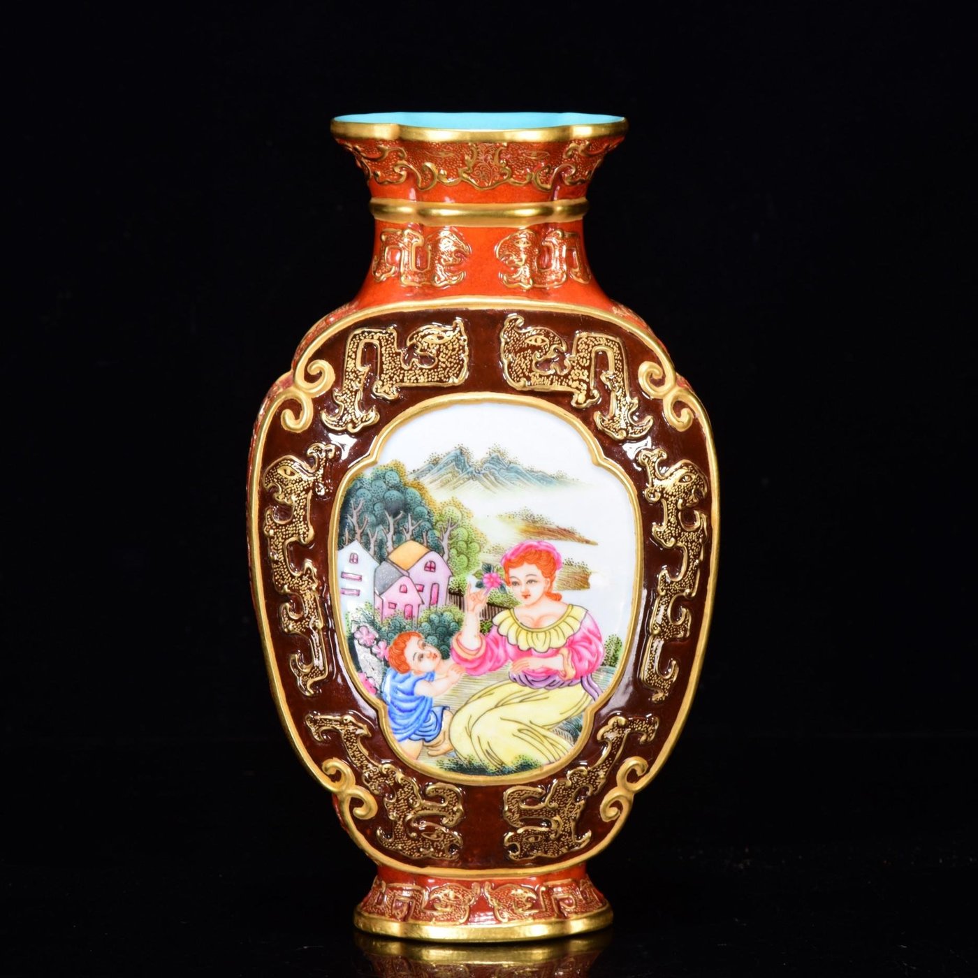 清乾隆年琺瑯彩雕刻鎏金西洋人物紋扁瓶20*11m30001384 瓷器琺瑯 