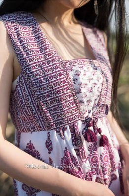 全新ANOKHI當季新款 印度製 純棉手工蓋印經典花朵大圓裙 拼布碎花 高腰娃娃裝 長洋裝 植物印染 長纖棉