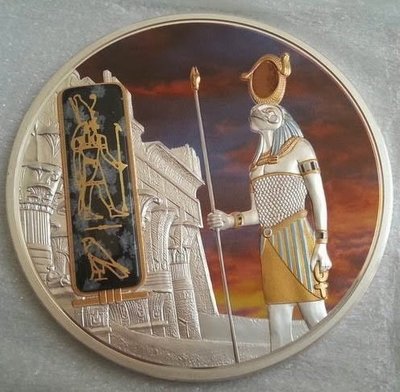 斐濟 紀念幣 2013 埃及之神荷魯斯 鍍鈀金鑲嵌黑曜石紀念銀幣 原廠原盒