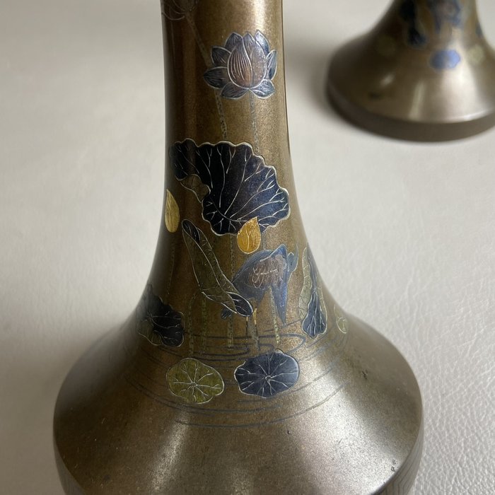 i【希少】 鋳銅 花器 花瓶 鶴彫 彫金師 北重信 在銘 花入 共箱NC-111508