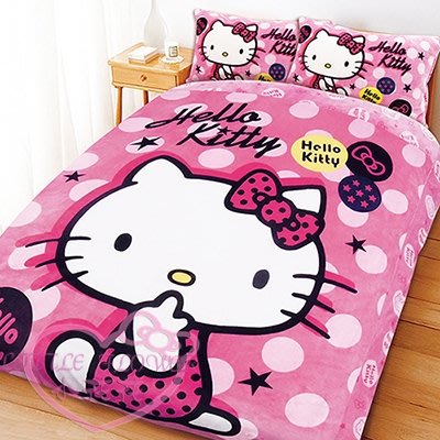 小花花日本精品♥ Hello Kitty凱蒂貓雙人床包被套組搖滾點子系列粉色法蘭絨毯舒適柔軟保暖