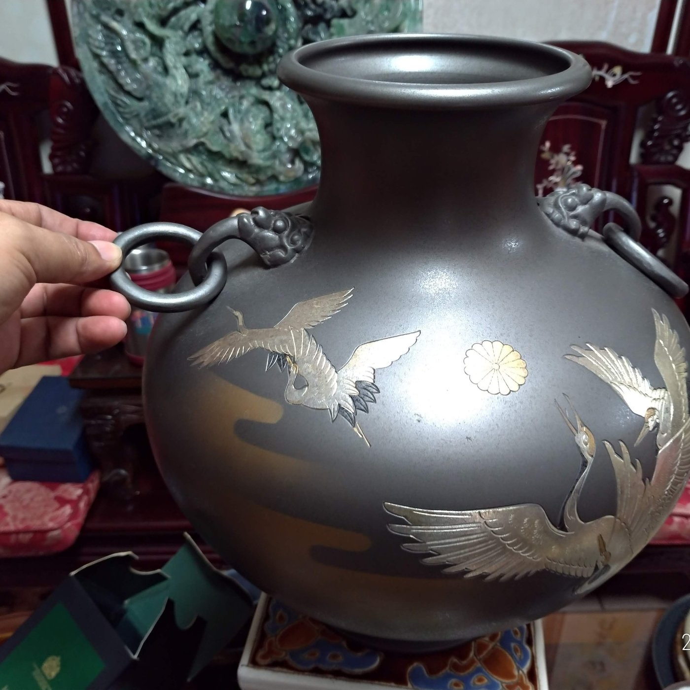 古董收藏古玩藝品/日本高岡銅器名家真峰作鶴青銅花瓶(日本花瓶器.花器